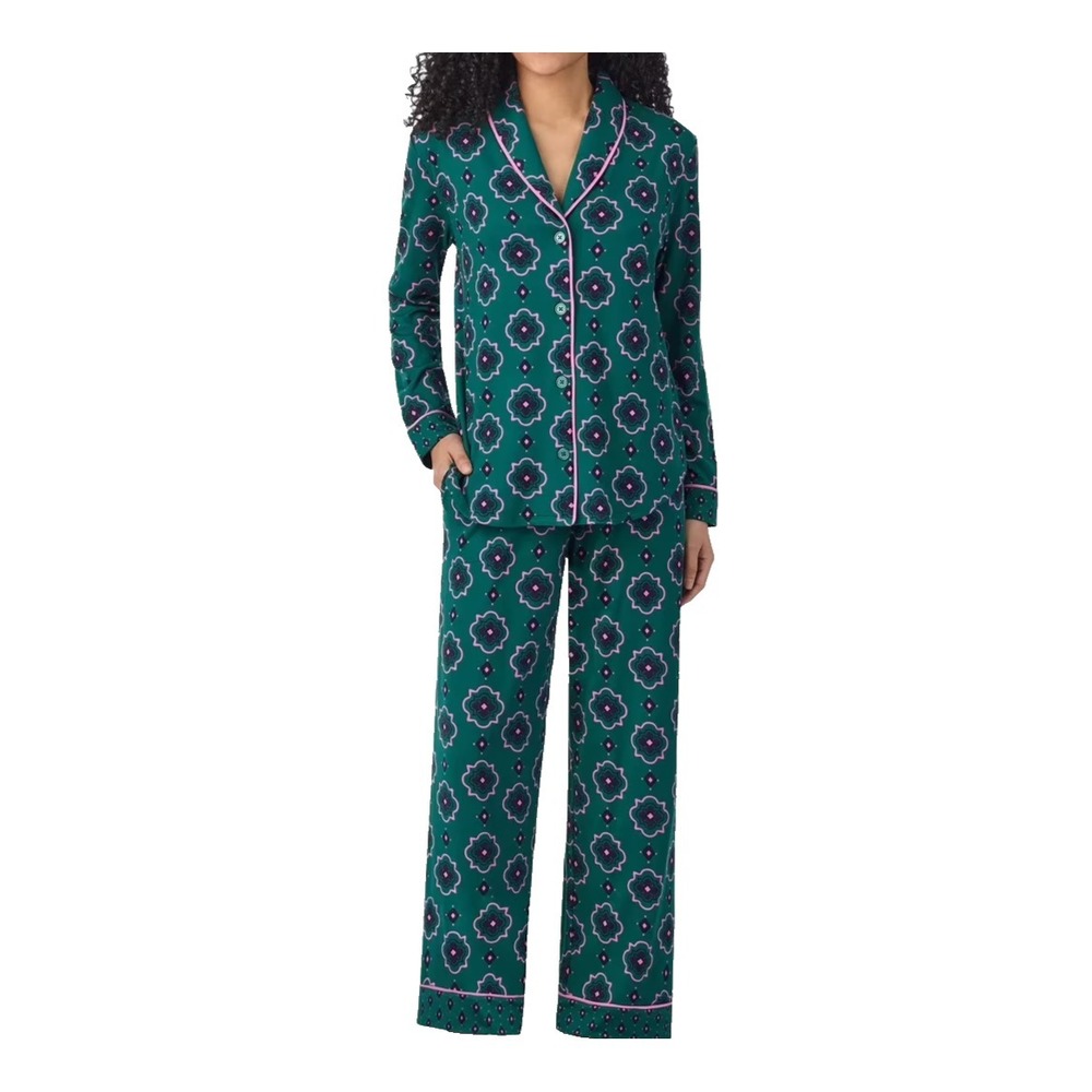 Room Service Pajama Set Womens XL‎ Green Geo Shawl Collar Soft Jersey Comfort